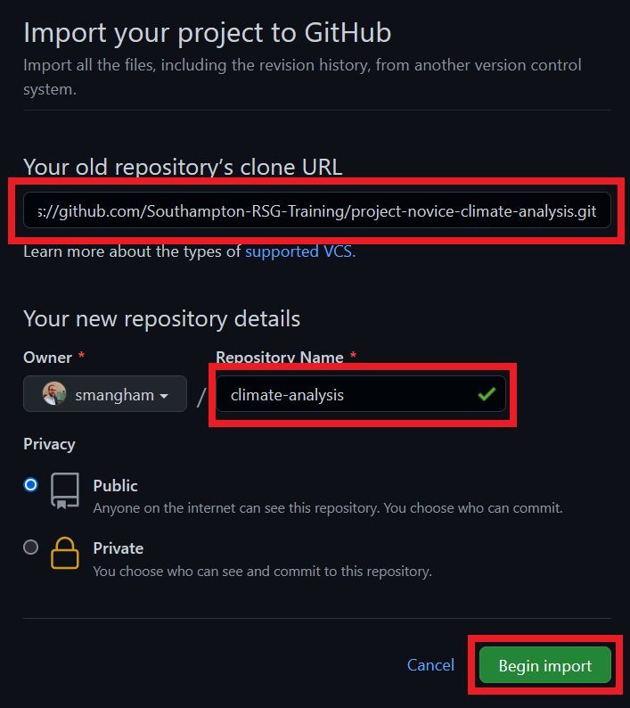Import repository screen
