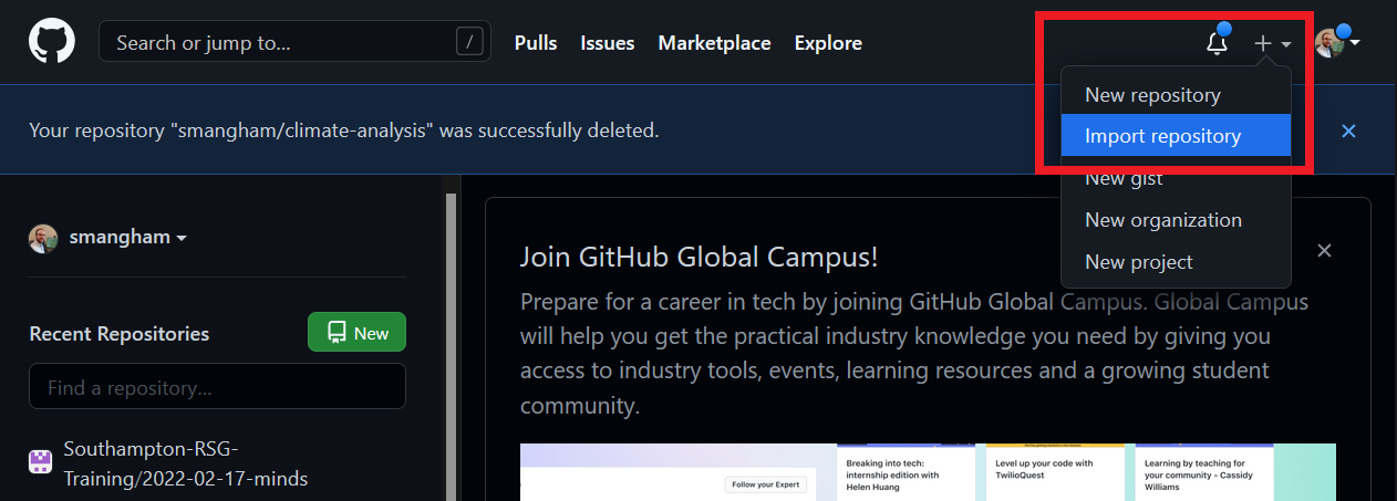 Import repository option location